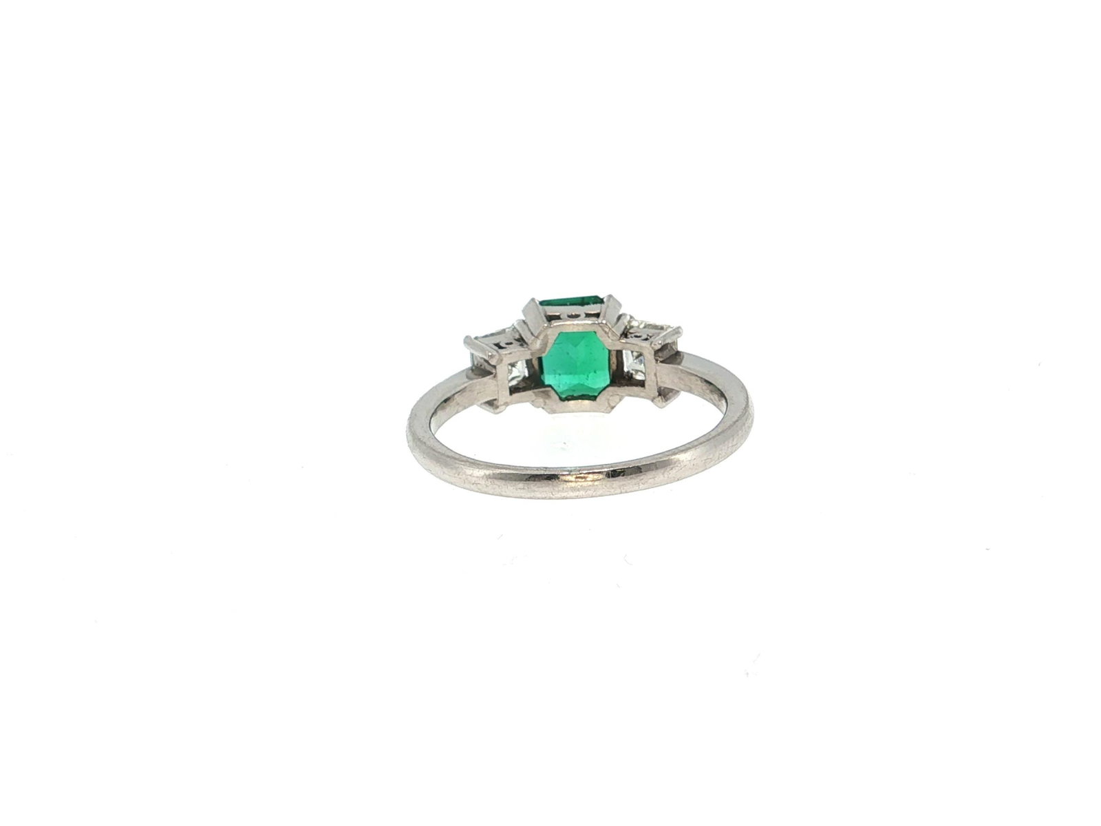 Emerald and Square-Cut Diamond Three-Stone Platinum Ring - 3