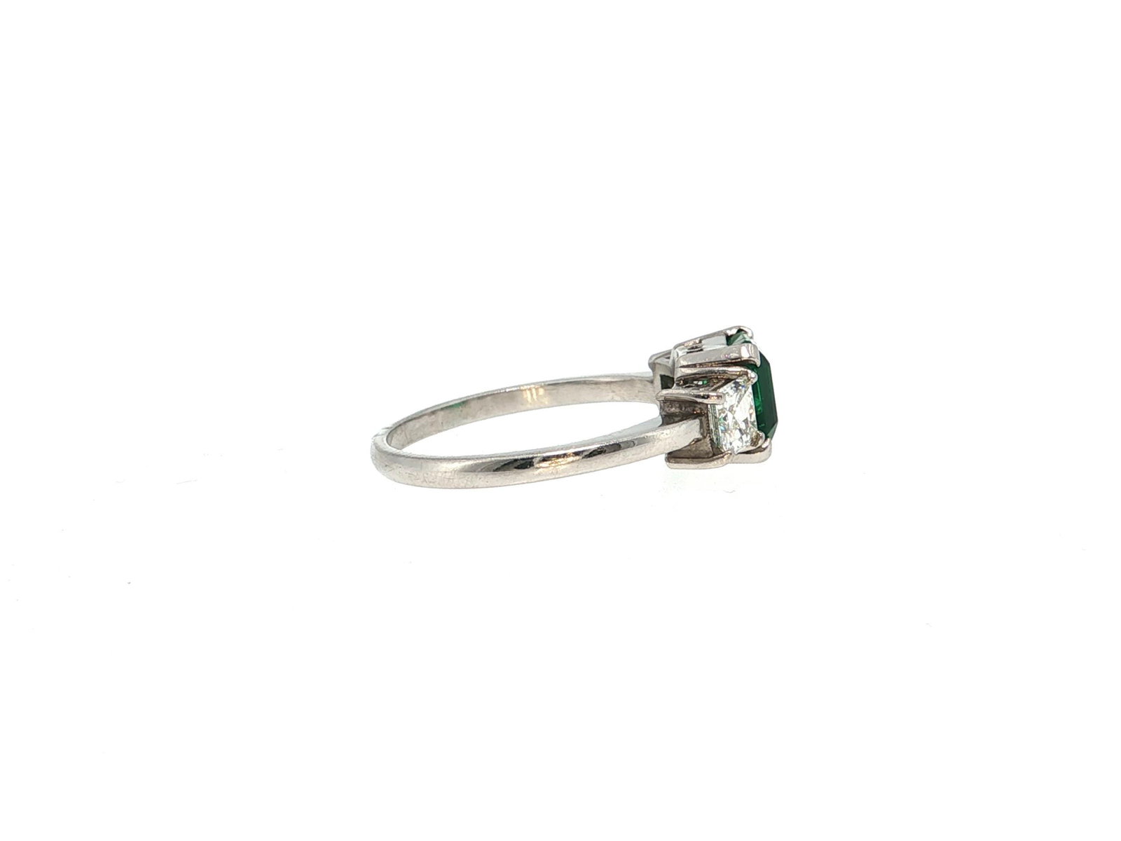 Emerald and Square-Cut Diamond Three-Stone Platinum Ring - 4