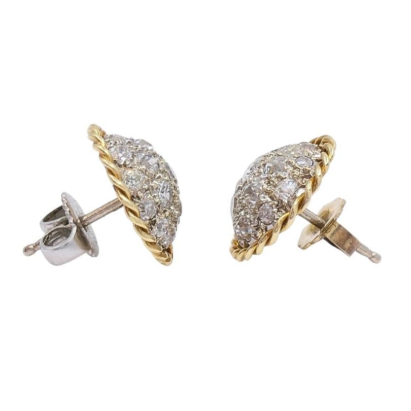 Vintage 14k Diamond Pavé Dome Stud Earrings Rope Edge - 4