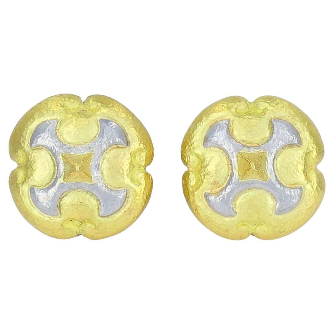 Vintage Trent 18k Gold Platinum Clip-on Earrings: These vintage earrings by Trent are crafted in 18k yellow gold and platinum, featuring a sculptural design that reflects the bold craftsmanship associated with American jewelry houses of the mid-20th