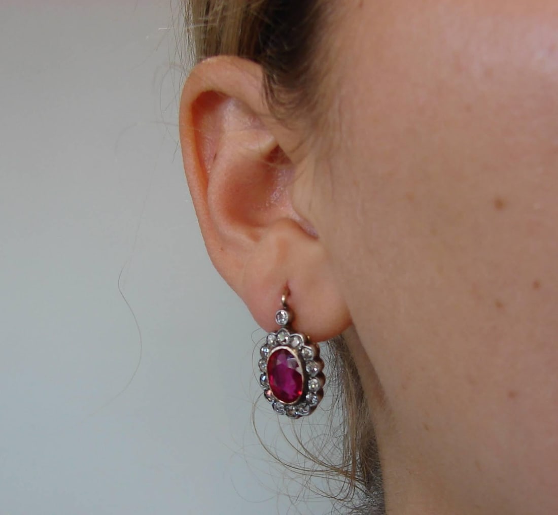 Ruby Diamond Silver Gold Cluster Drop Stud Earrings - 4