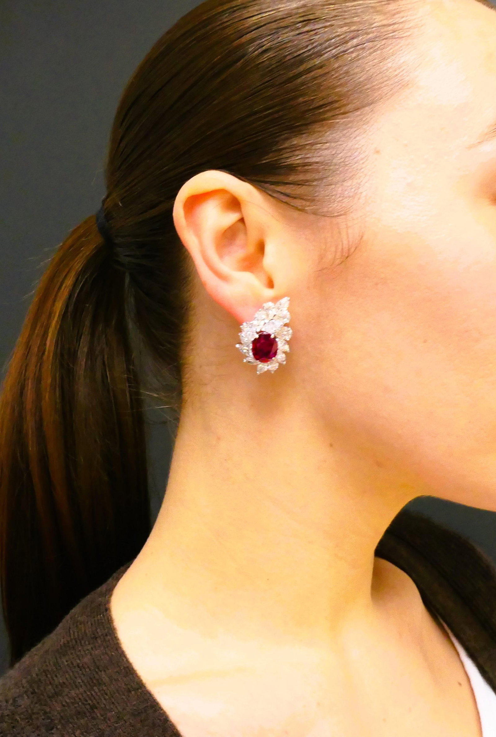 Ruby Earrings Cluster Diamond 18k Gold Mozambique Certified - 2