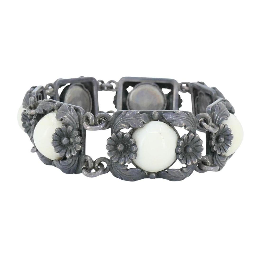 Vintage N.E. From Denmark Sterling Silver Bone Cabochon Bracelet - 4