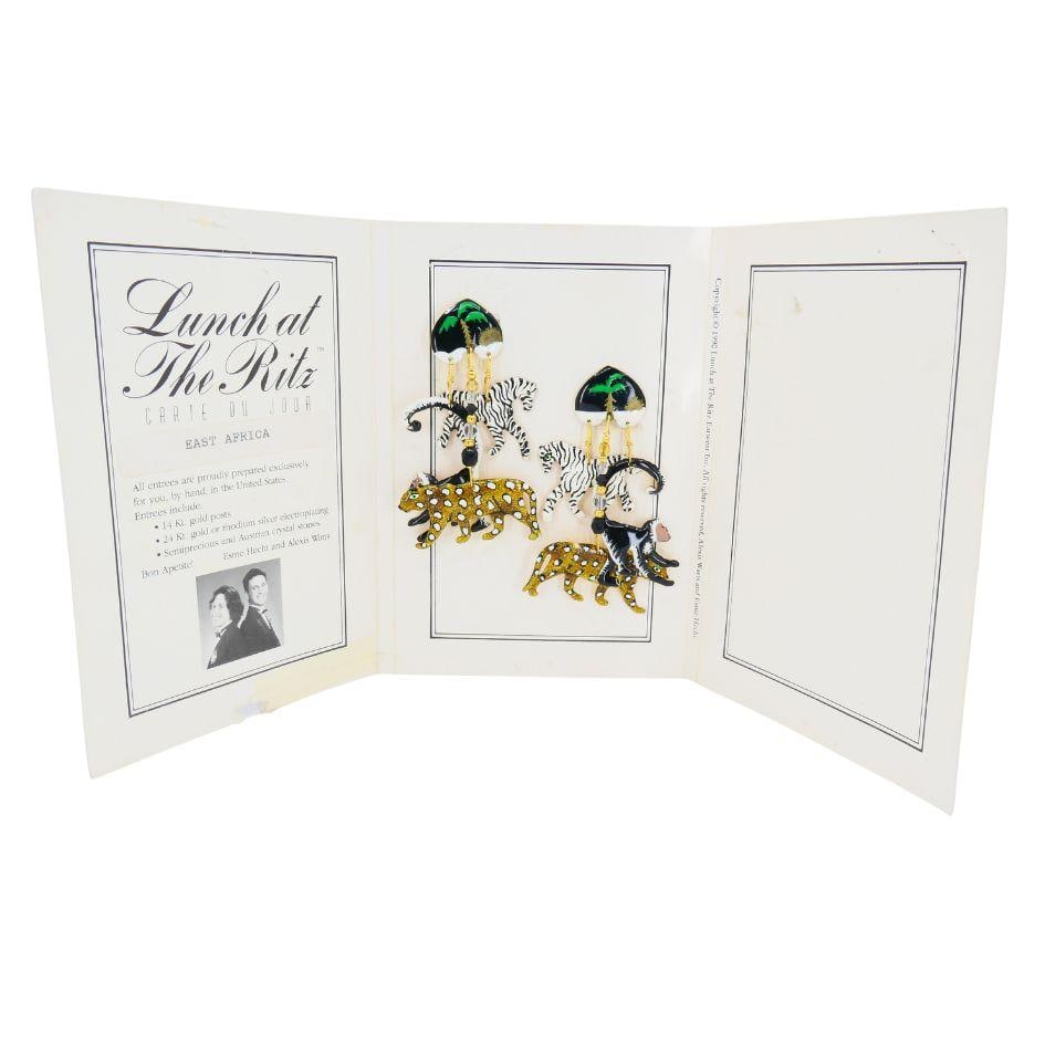 1990 Lunch At The Ritz Carte Du Jour African Animal Gold Silver Clip Earrings - 3