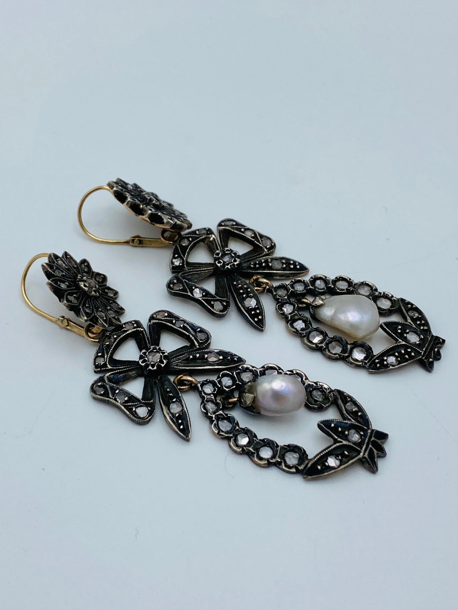 Georgian Gold and Silver, Rose Cut Diamonds and Pearl Day and Night Earrings - 5