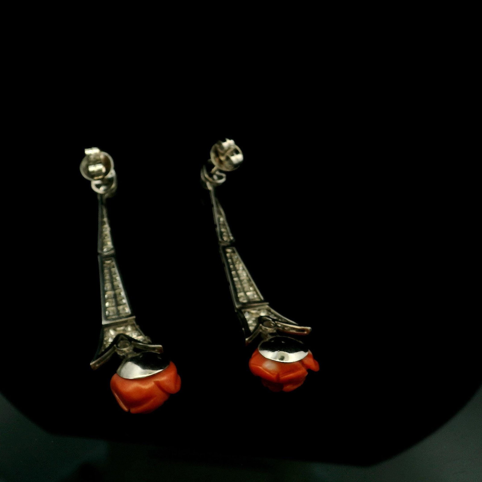 Art Deco Platinum Natural Diamond and Coral Earrings - 4