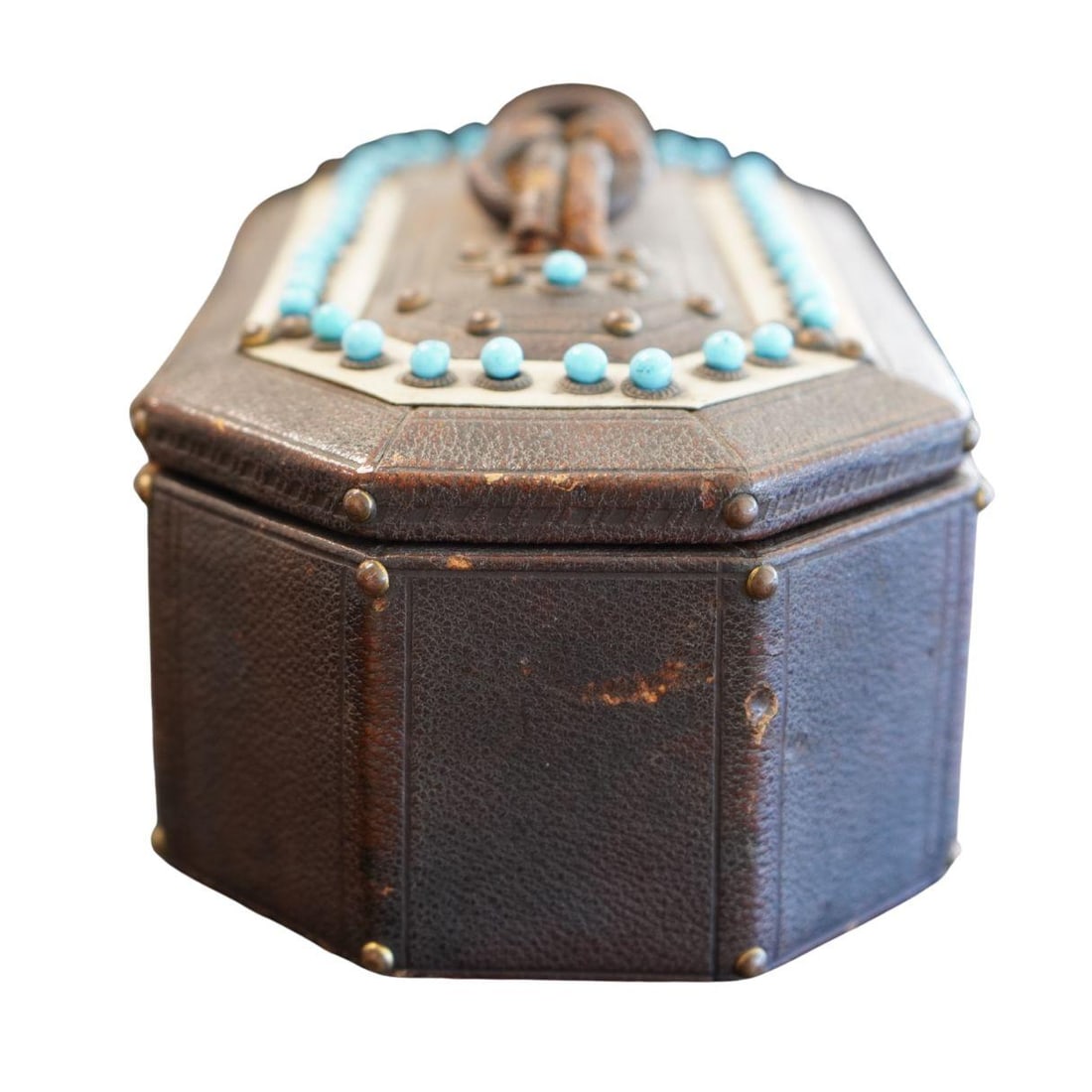 Antique Victorian Leather Wooden Keepsake Novelty Jewelry Box - 3