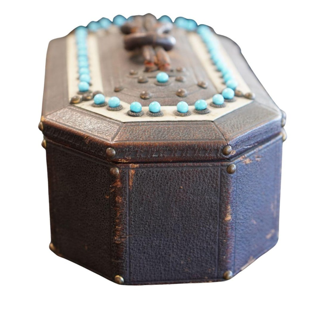 Antique Victorian Leather Wooden Keepsake Novelty Jewelry Box - 5