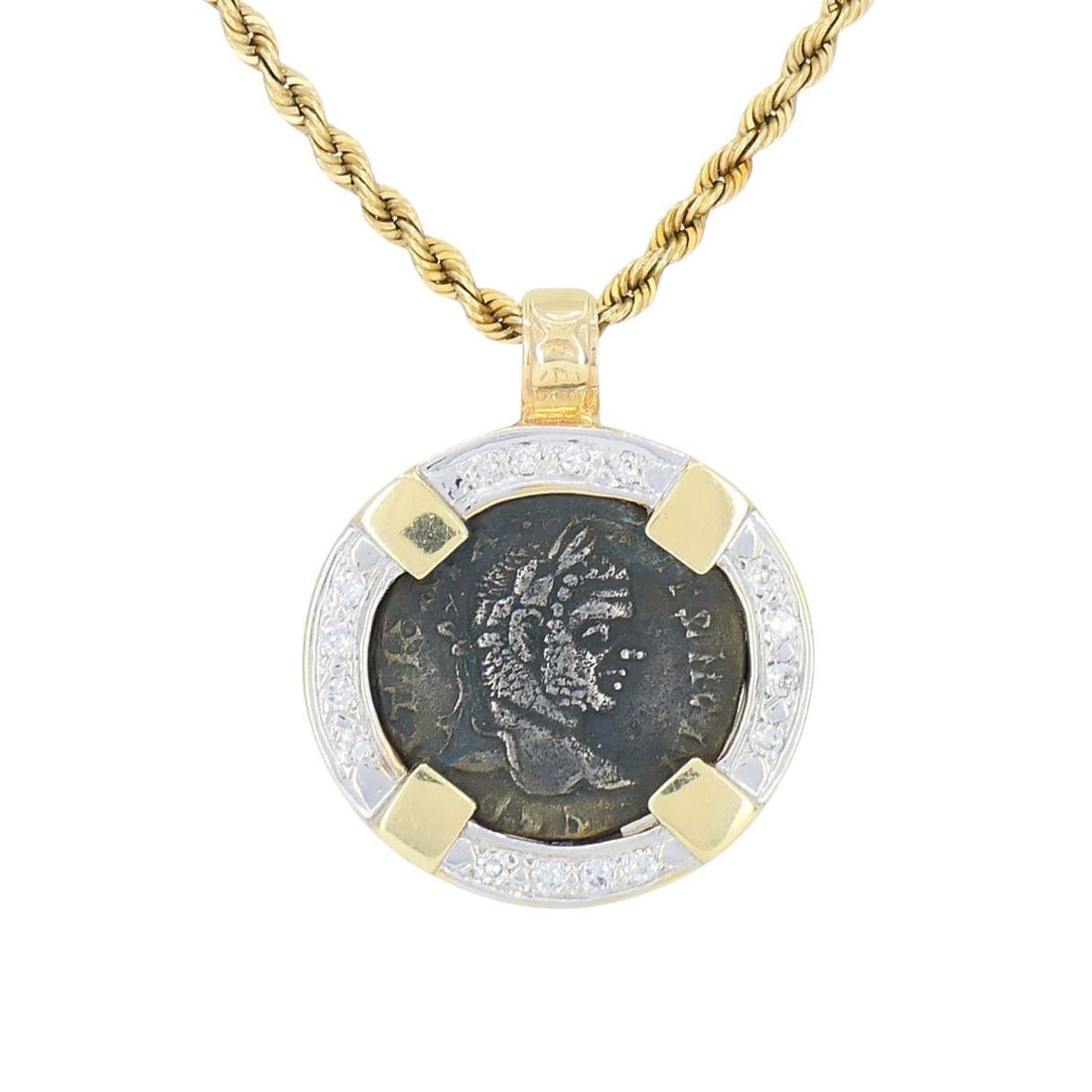 Vintage 14k Gold Diamond Ancient Coin Pendant Necklace - 2