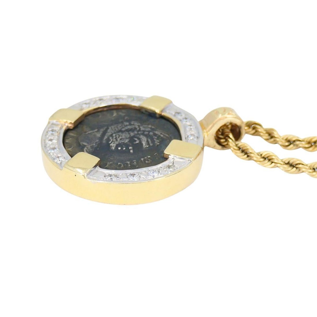 Vintage 14k Gold Diamond Ancient Coin Pendant Necklace - 4
