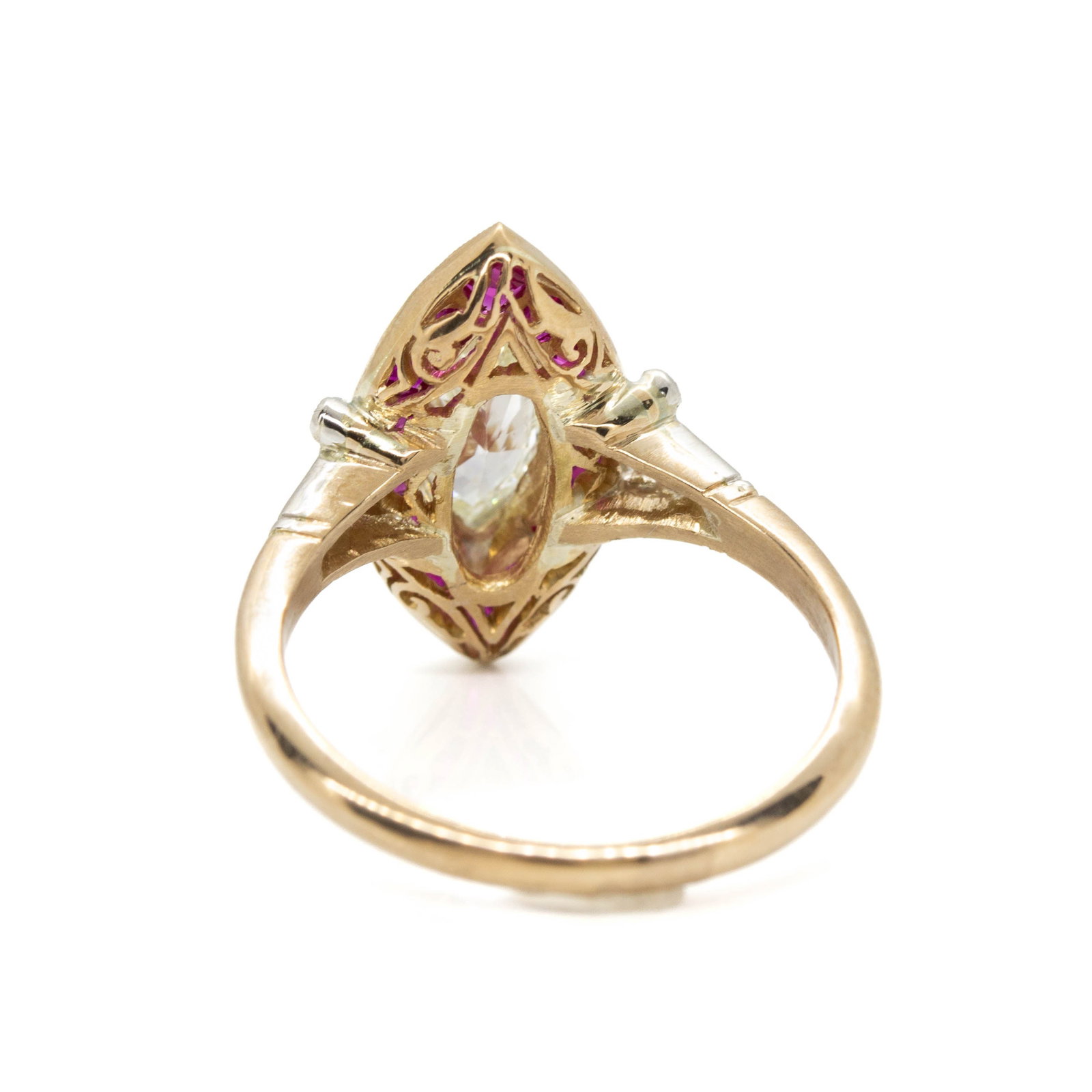 Edwardian 18K Gold and Platinum Diamond and Ruby Marquise Engagement Ring - 3