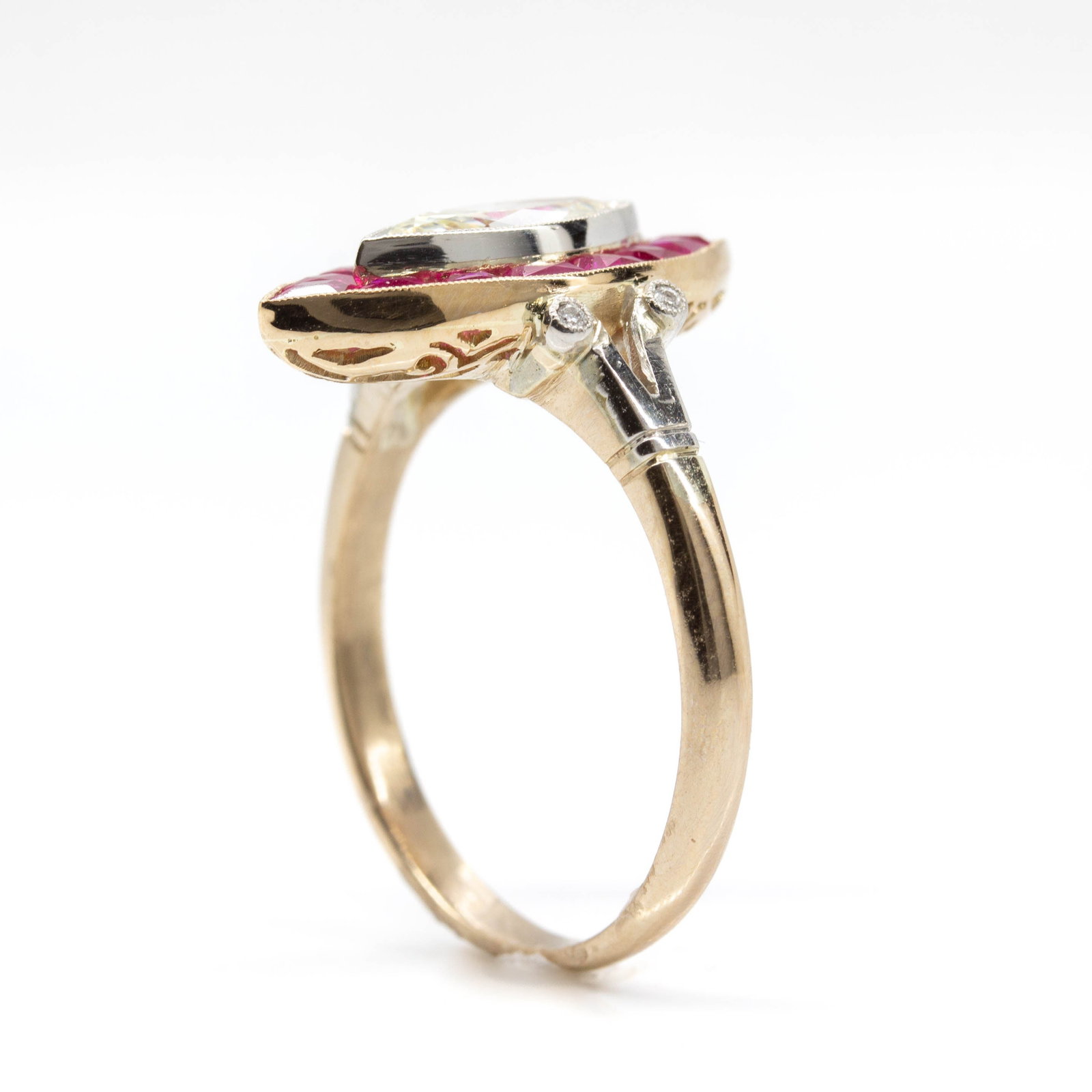 Edwardian 18K Gold and Platinum Diamond and Ruby Marquise Engagement Ring - 4