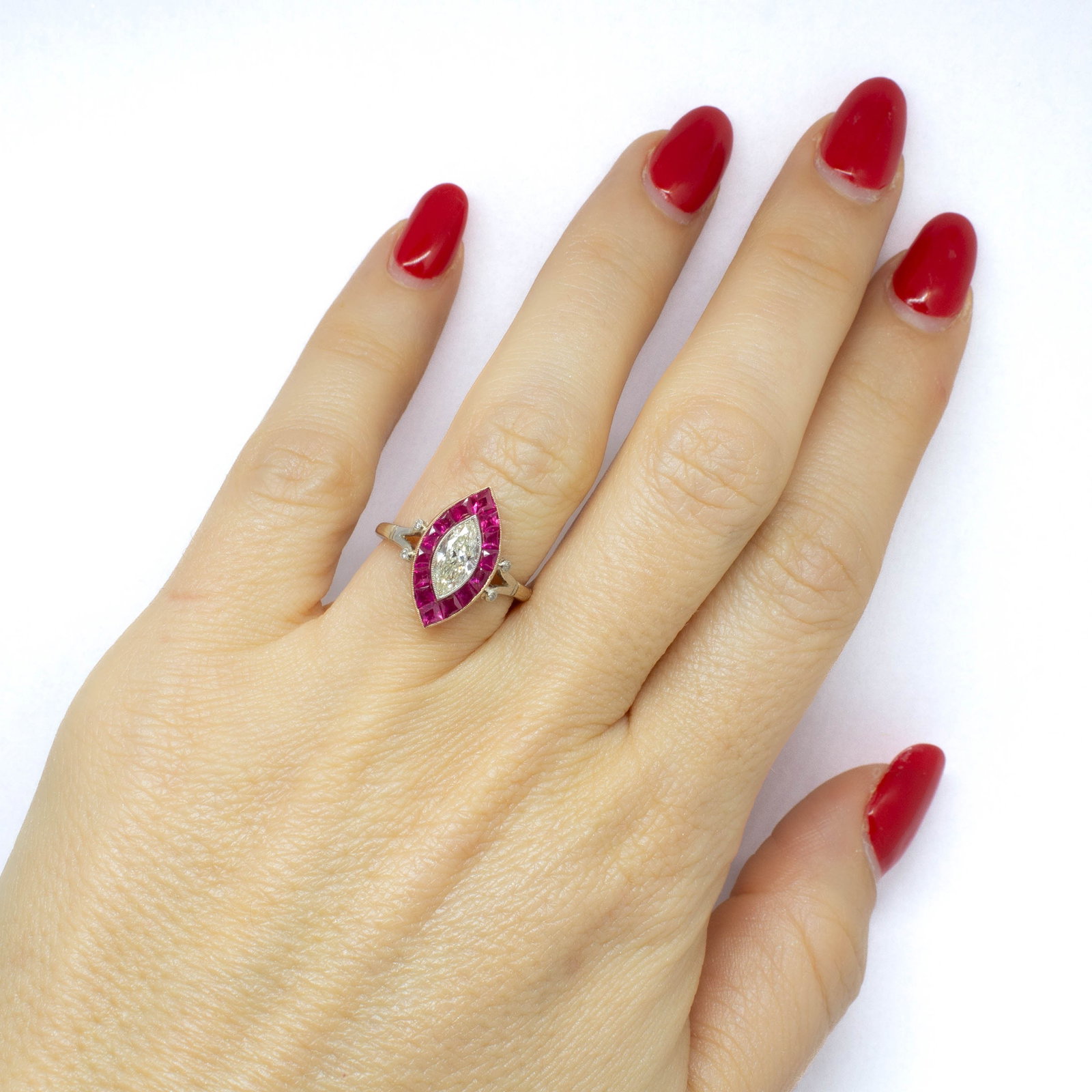 Edwardian 18K Gold and Platinum Diamond and Ruby Marquise Engagement Ring - 5