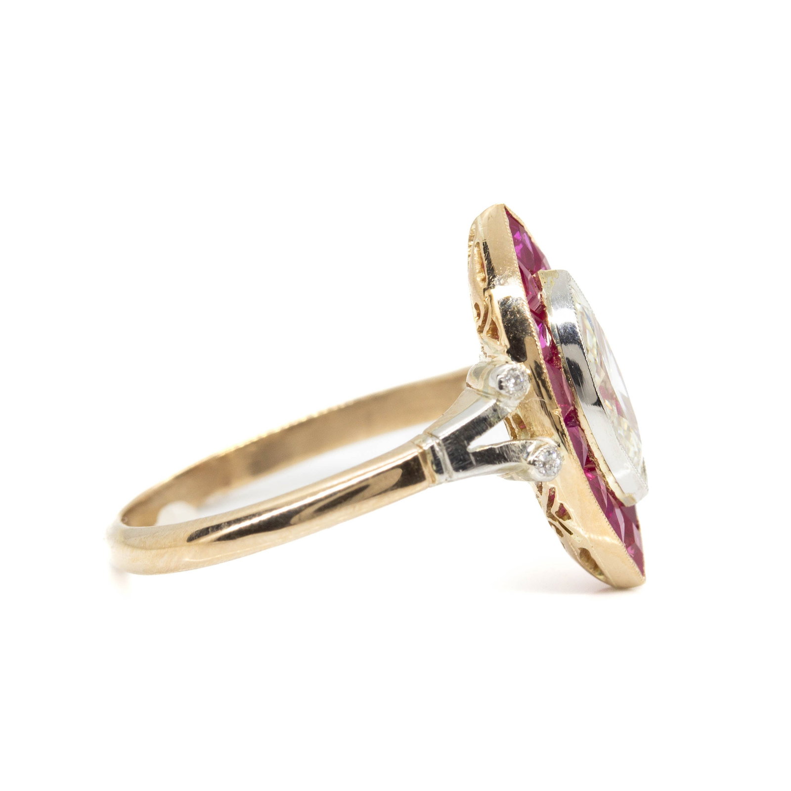 Edwardian 18K Gold and Platinum Diamond and Ruby Marquise Engagement Ring - 6