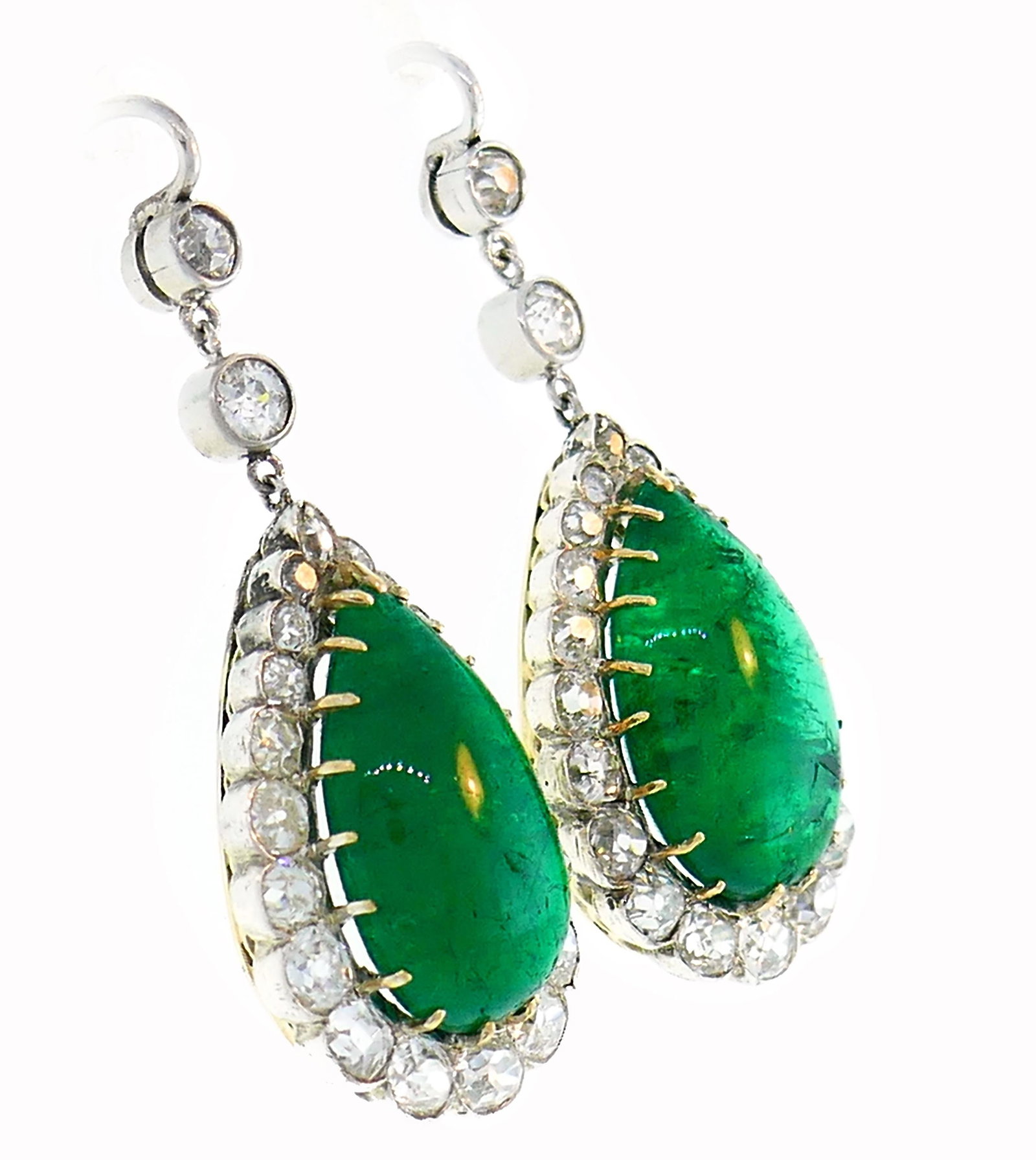 Victorian Emerald Diamond Dangle Earrings in Gold and Silver, Antique - 3
