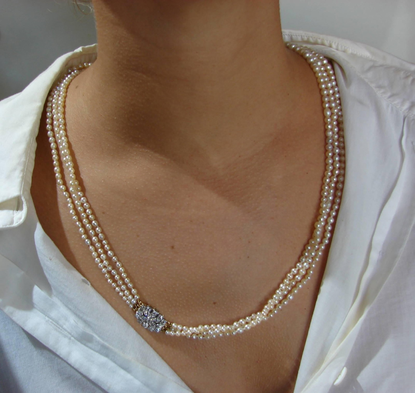 Victorian Natural Saltwater Pearl Necklace with Diamond Clasp - 3