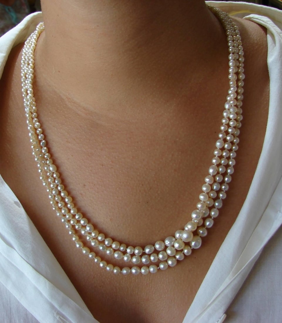 Victorian Natural Saltwater Pearl Necklace with Diamond Clasp - 4