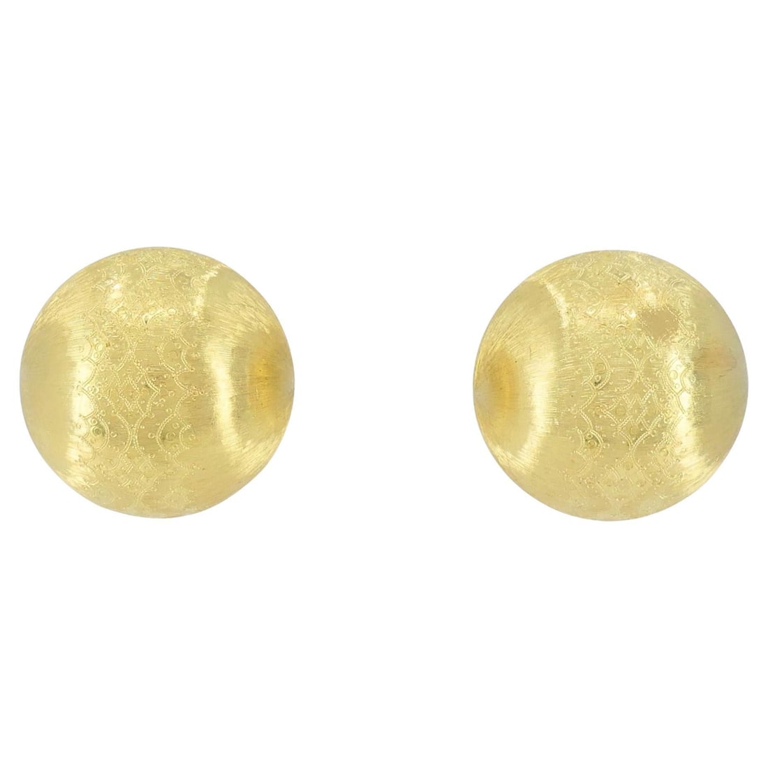 Vintage Buccellati 18k Gold Ball Earrings: These exquisite Buccellati 18K yellow gold dome earrings embody the Italian maison’s signature artistry and devotion to hand craftsmanship. Each earring features the brand’s iconic pizzo