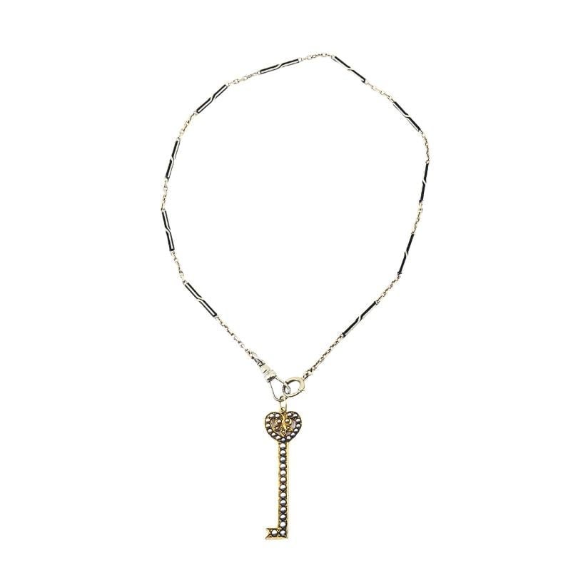 14k Gold Key Pendant Necklace Pearls and Black Enamel - 3