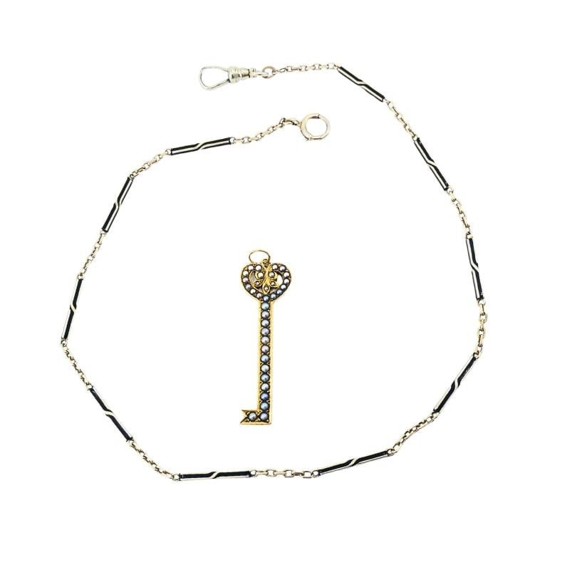 14k Gold Key Pendant Necklace Pearls and Black Enamel - 5