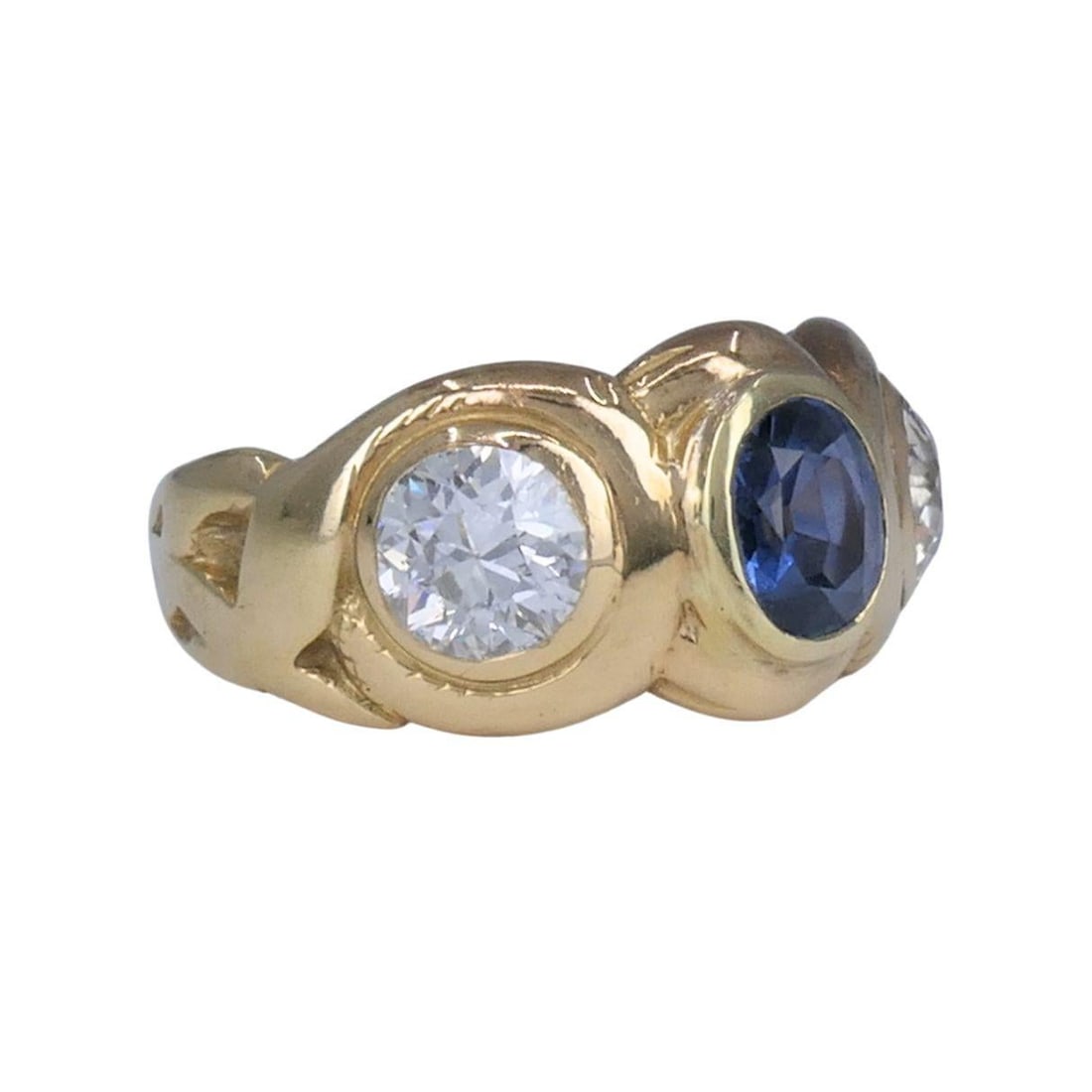 Antique 14k Gold Sapphire Old European Cut Diamond Three Stone Ring - 2