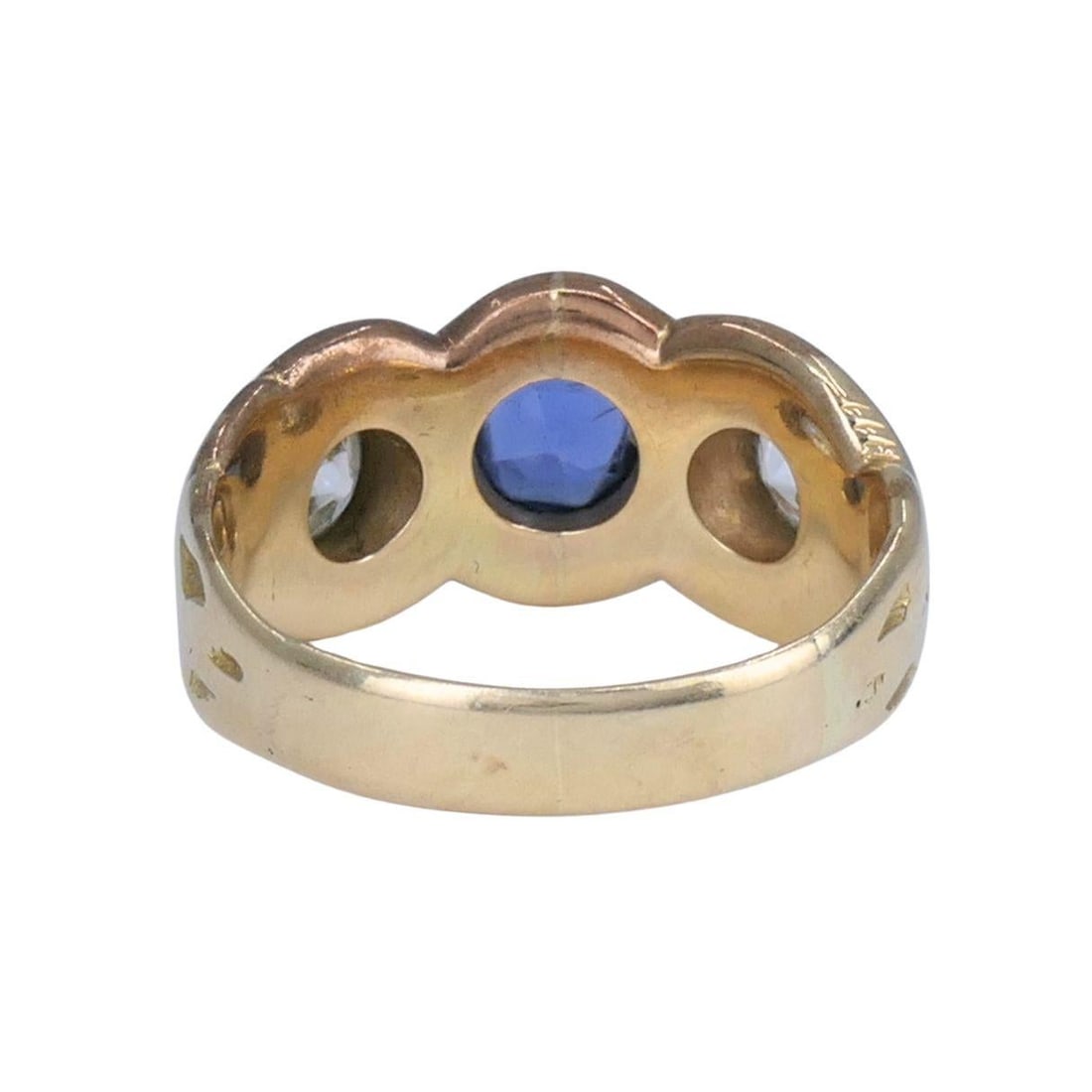 Antique 14k Gold Sapphire Old European Cut Diamond Three Stone Ring - 4