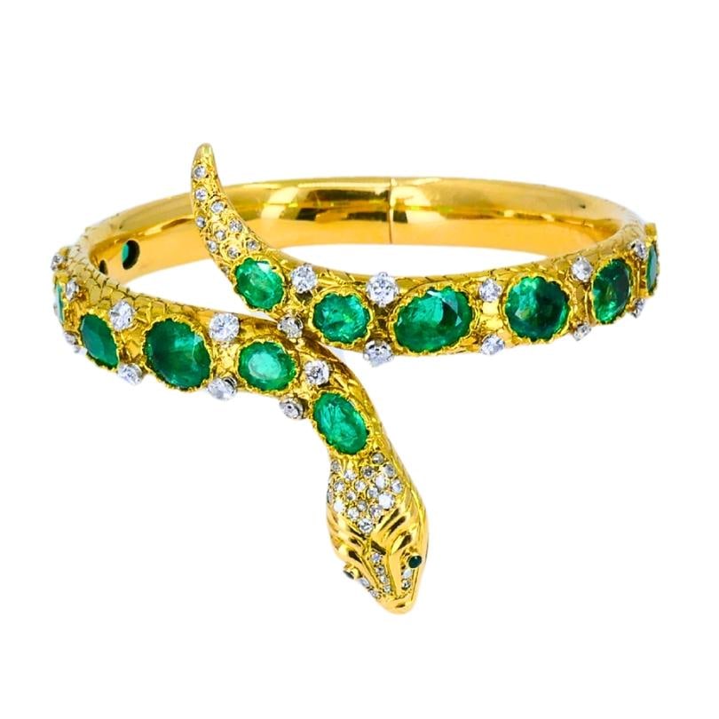 Vintage Snake Bangle Bracelet Gold Emerald Diamonds Estate Jewelry - 3