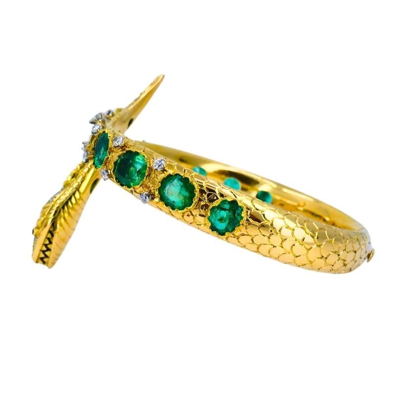 Vintage Snake Bangle Bracelet Gold Emerald Diamonds Estate Jewelry - 4