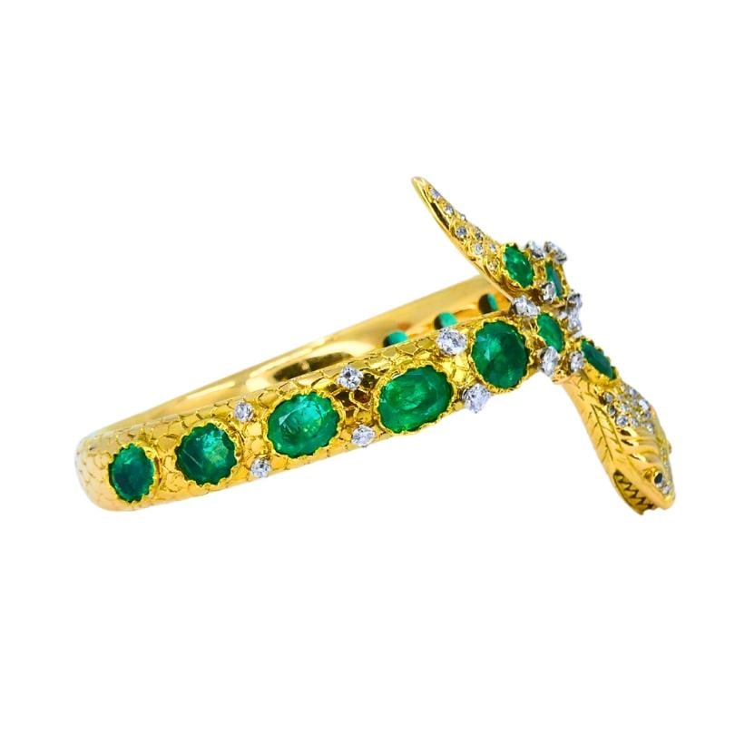 Vintage Snake Bangle Bracelet Gold Emerald Diamonds Estate Jewelry - 5