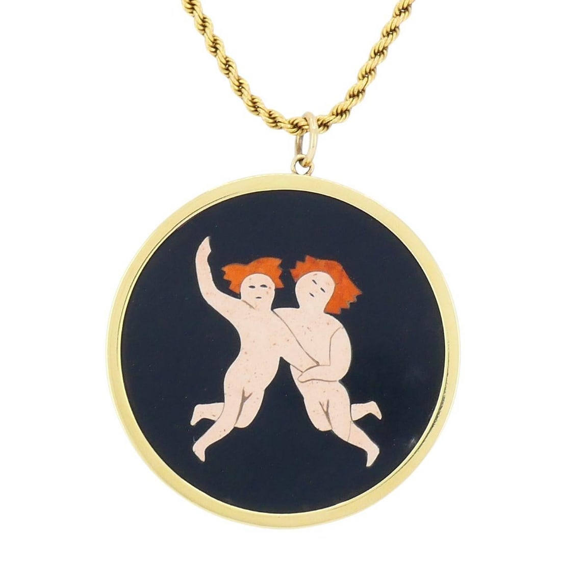 18k Gold Pietra Dura Style Putti Gemini Pendant Rope Chain Necklace - 3