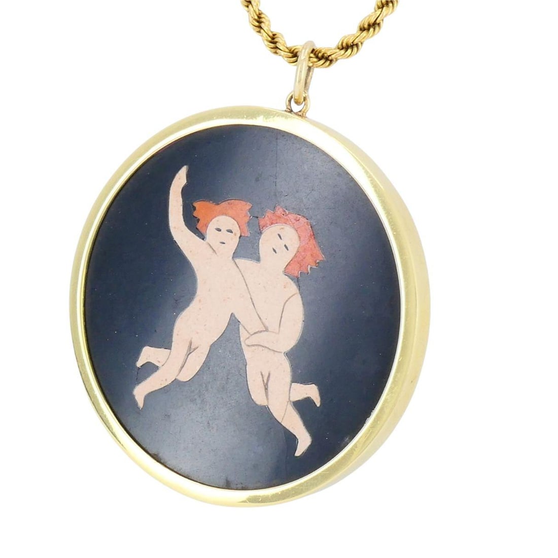 18k Gold Pietra Dura Style Putti Gemini Pendant Rope Chain Necklace - 4