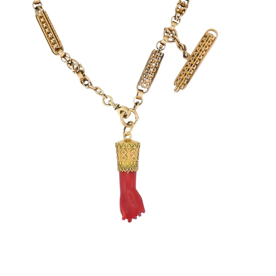 Vintage Coral Figa Pendant 14k Gold Toggle Chain Necklace - 2
