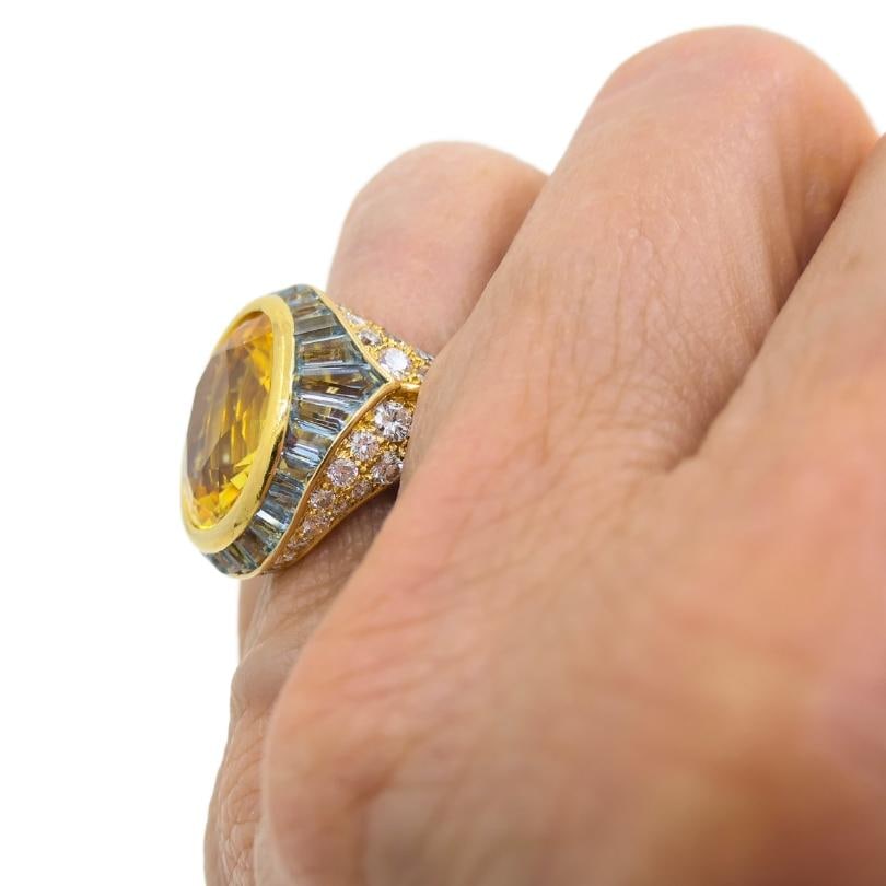 Bvlgari Bulgari Yellow Sapphire Ring Gold Aquamarine Diamond Vintage Jewelry - 5