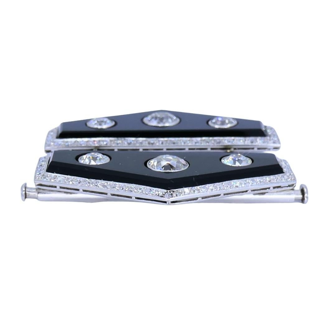 Art Deco Platinum Diamond & Onyx Double Clip Brooch Charlton & Co. - 3