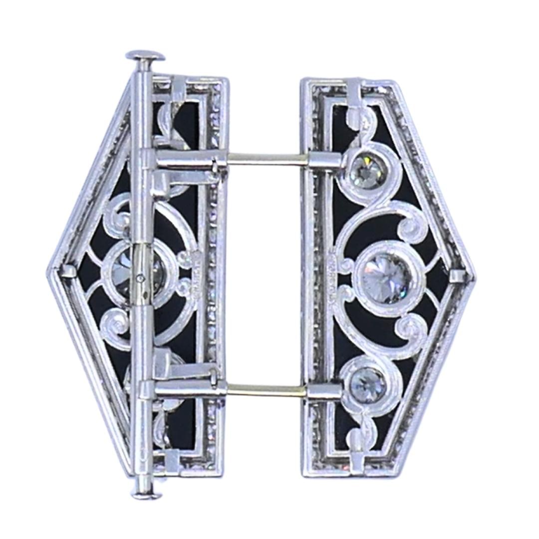 Art Deco Platinum Diamond & Onyx Double Clip Brooch Charlton & Co. - 4