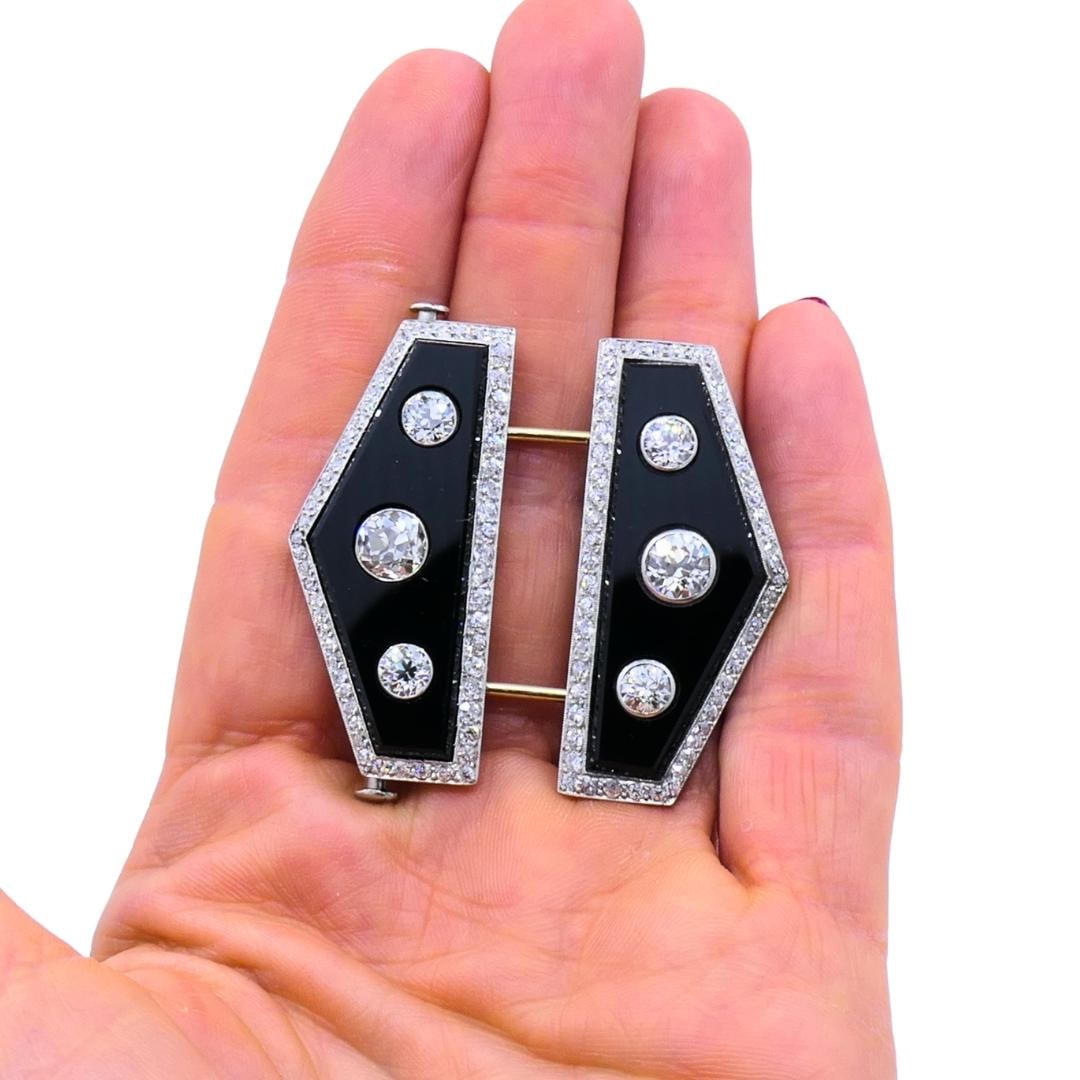 Art Deco Platinum Diamond & Onyx Double Clip Brooch Charlton & Co. - 5