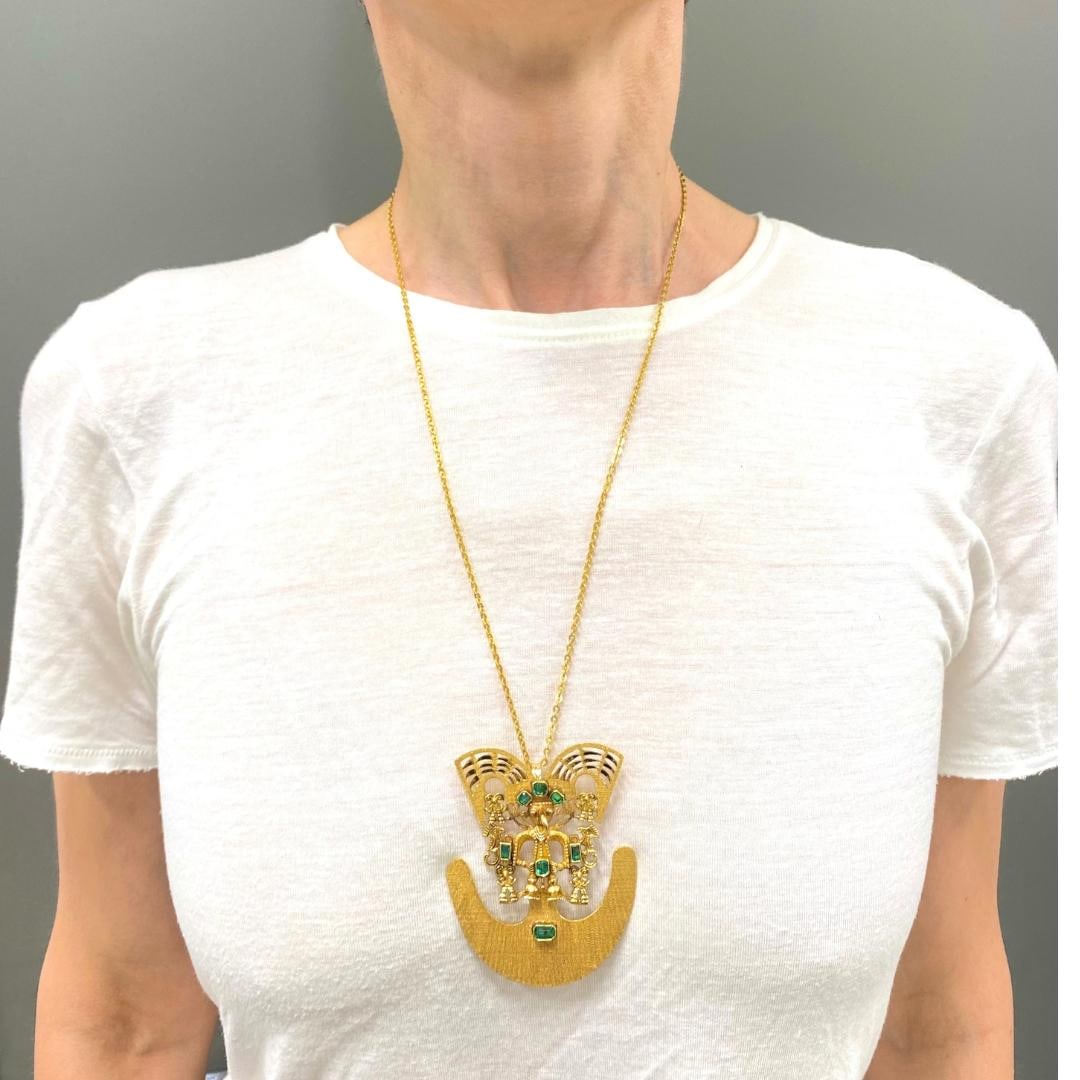 Vintage Pre‑Columbian Revival 18k Gold Emerald Tairona Style Pendant‑Brooch - 2