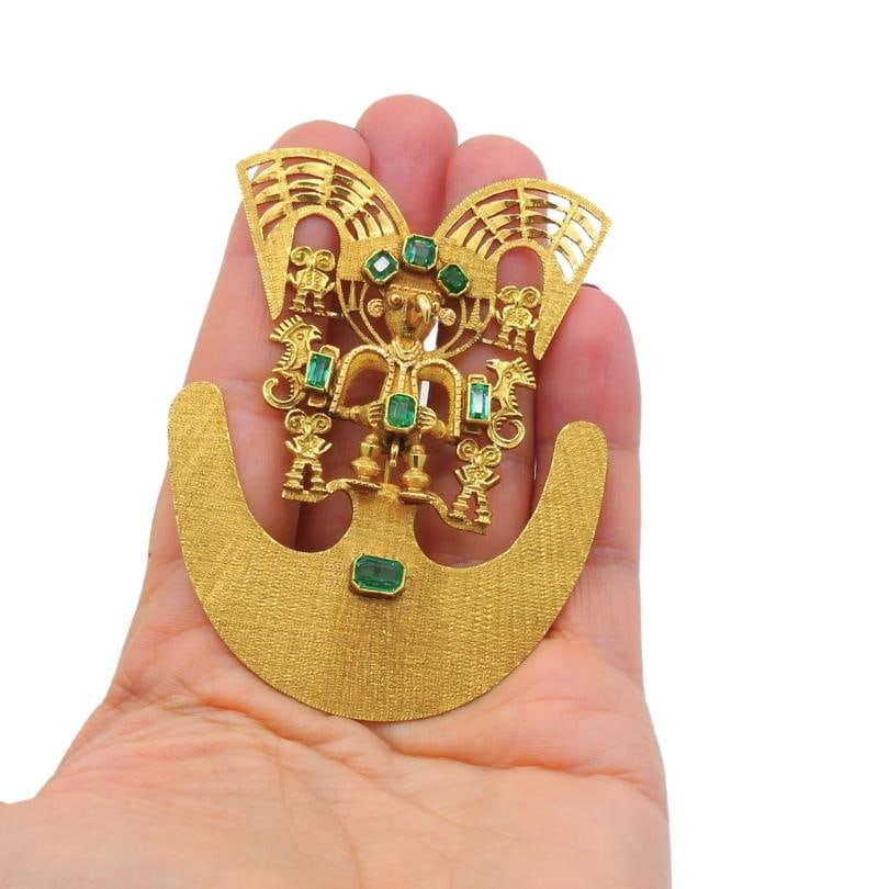 Vintage Pre‑Columbian Revival 18k Gold Emerald Tairona Style Pendant‑Brooch - 3