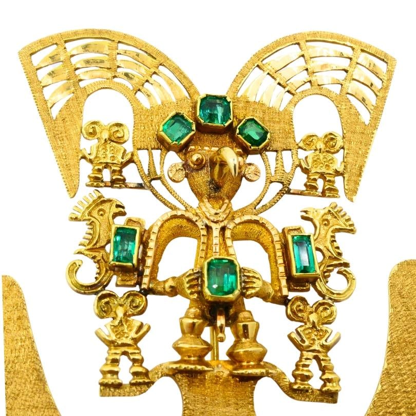 Vintage Pre‑Columbian Revival 18k Gold Emerald Tairona Style Pendant‑Brooch - 5