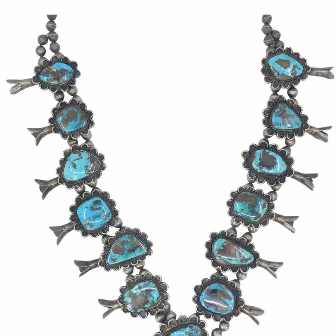 Navajo Sterling Silver Turquoise Squash Blossom Necklace - 3