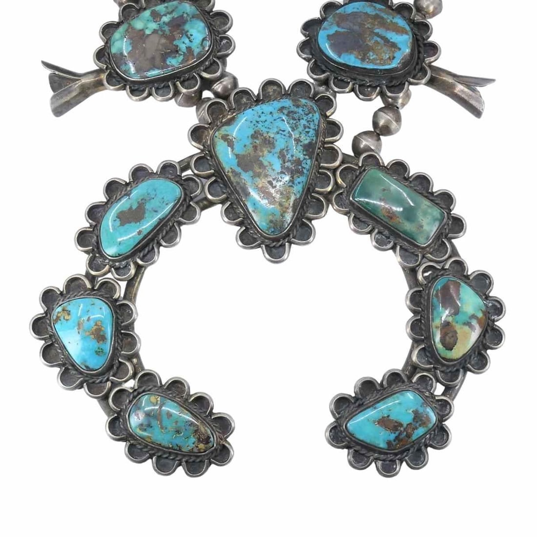 Navajo Sterling Silver Turquoise Squash Blossom Necklace - 4