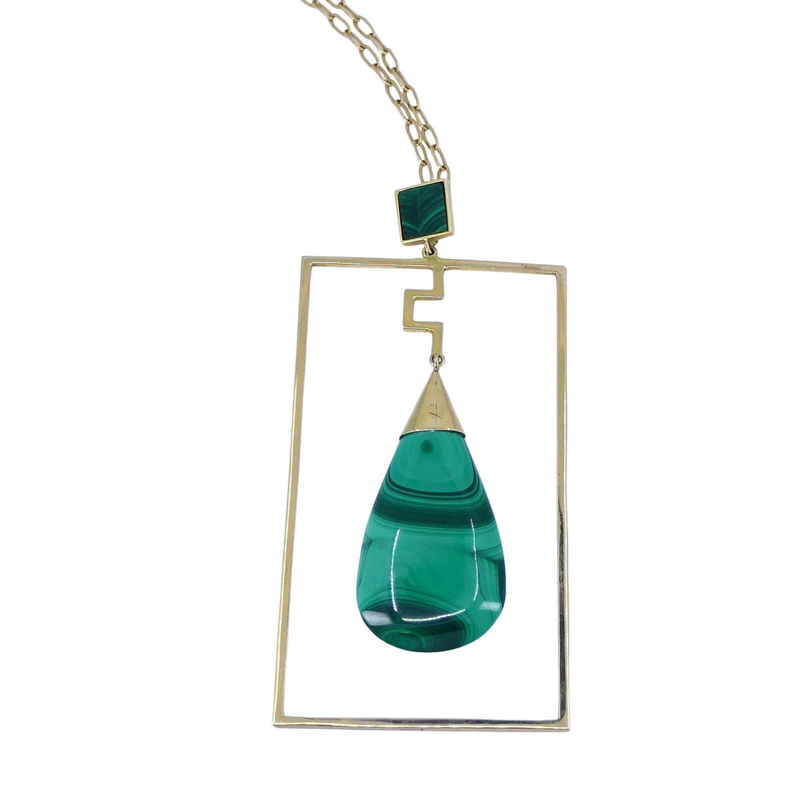 Modernist Gold Malachite Pendant Chain Necklace - 3
