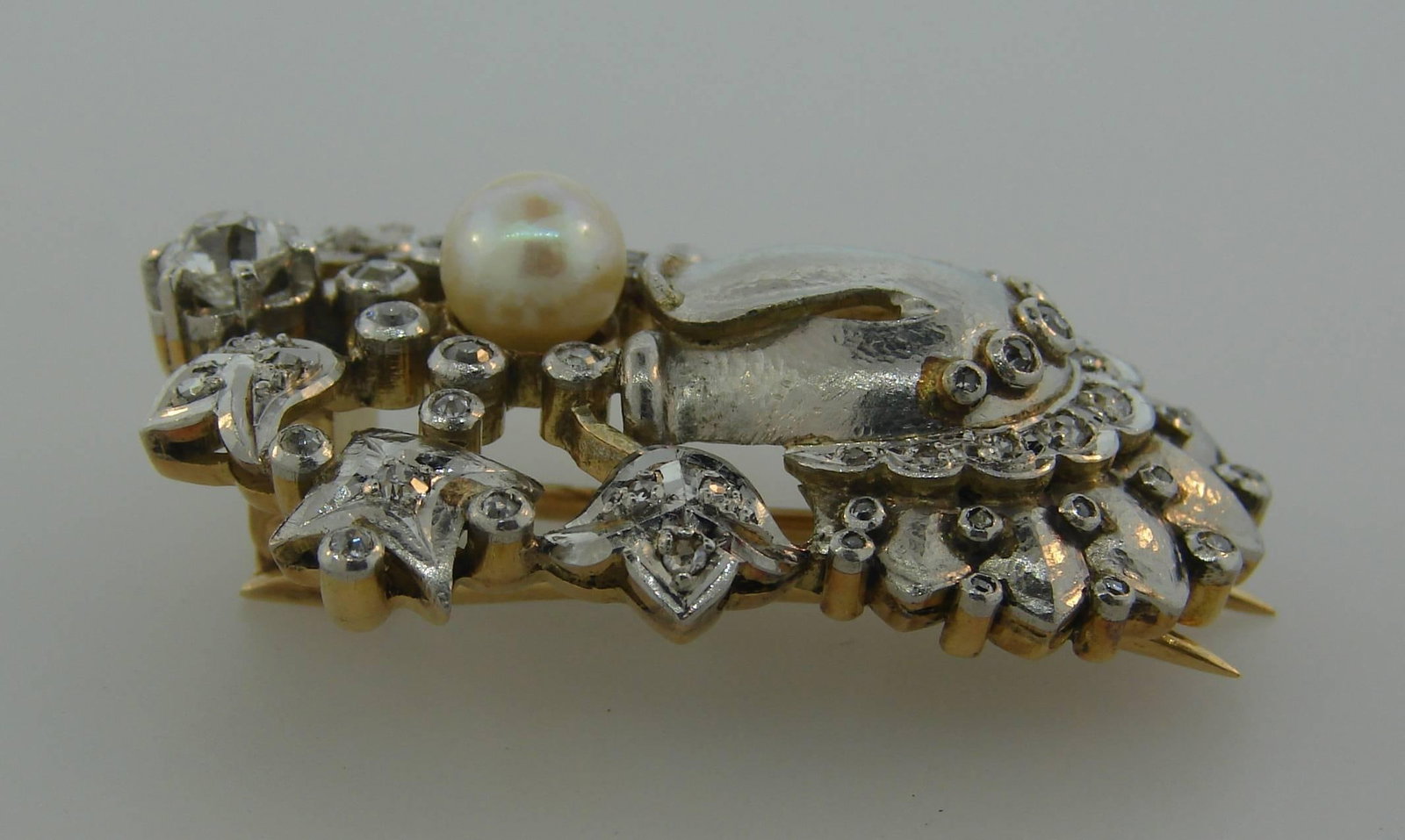 Pearl Diamond Platinum Gold Double Clip Brooch Pin, French, 1930s - 3