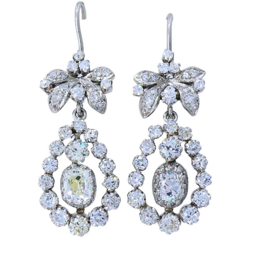 Art Deco Platinum Drop Earrings Old European Cushion Cut Diamonds Estate Jewelry - 4