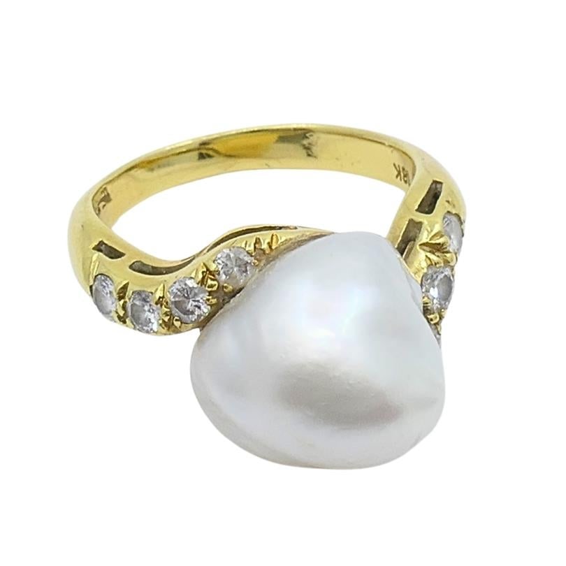 Vintage 18k Yellow Gold Baroque Pearl Diamond Ring - 4
