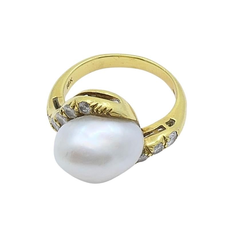 Vintage 18k Yellow Gold Baroque Pearl Diamond Ring - 5