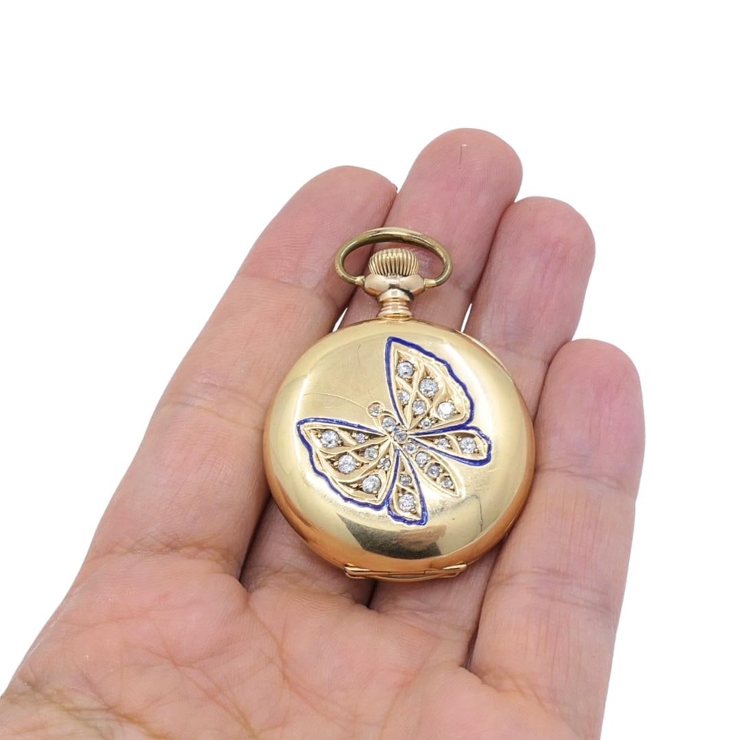 Antique Elgin 14K Gold Keystone Hunter Case Pocket Watch Diamond Butterfly - 2