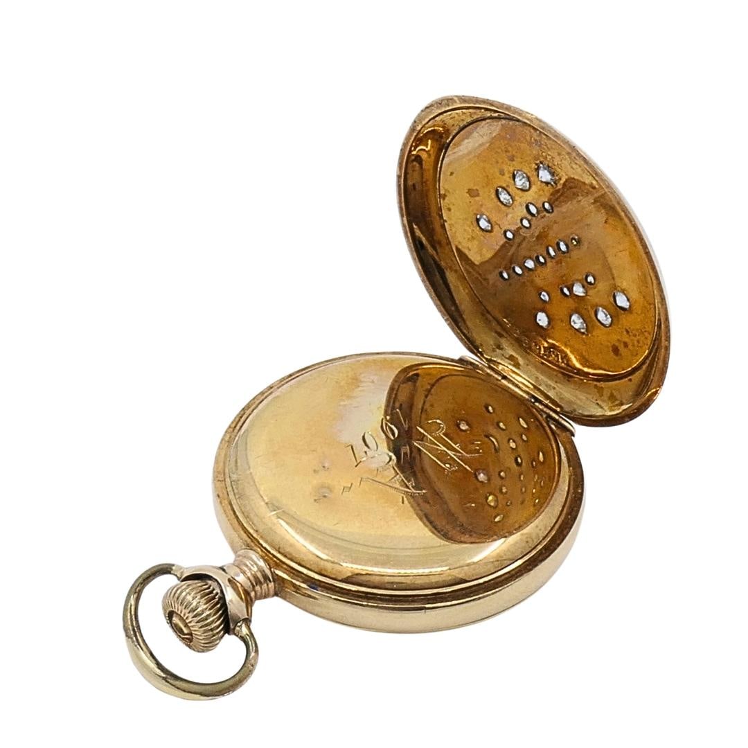 Antique Elgin 14K Gold Keystone Hunter Case Pocket Watch Diamond Butterfly - 4