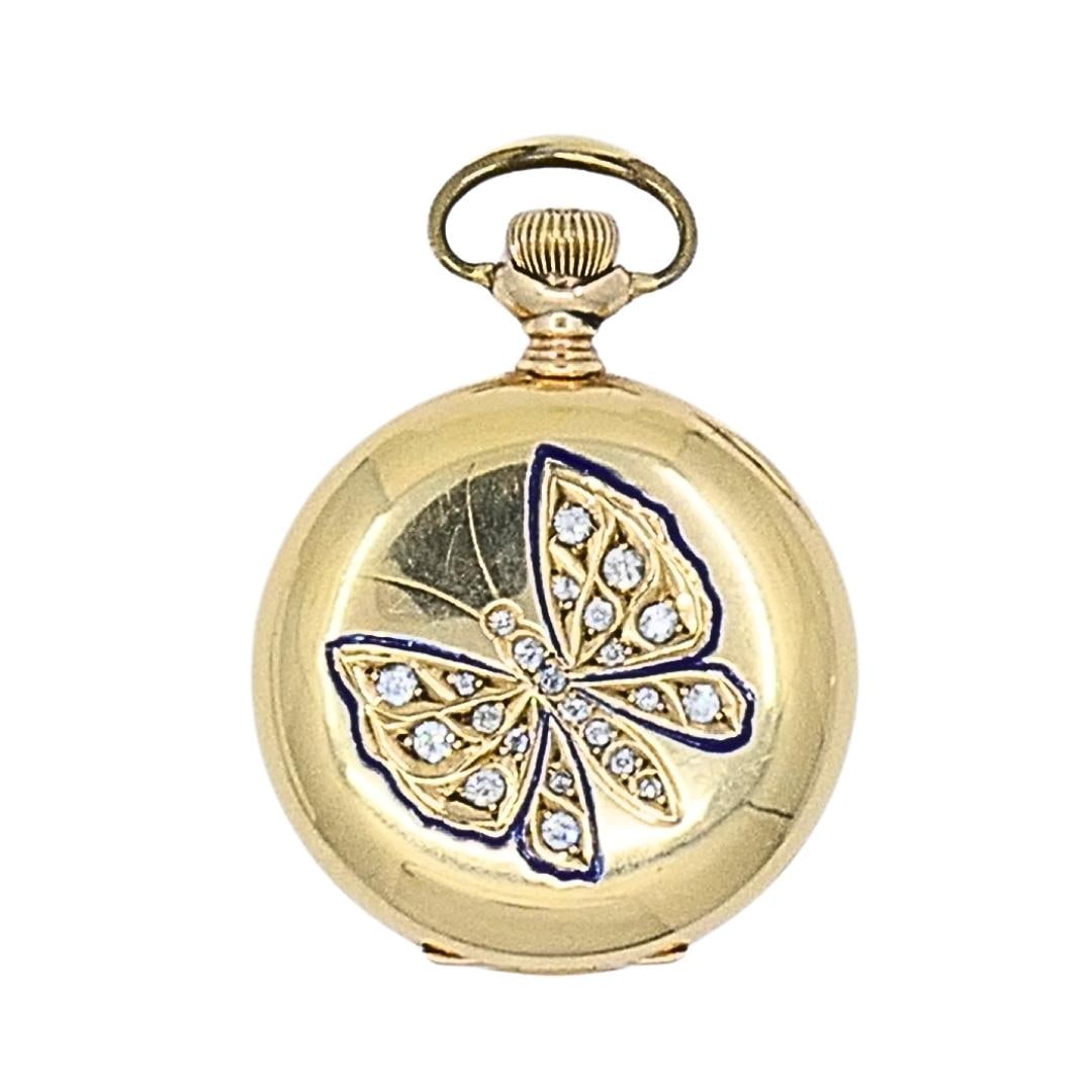 Antique Elgin 14K Gold Keystone Hunter Case Pocket Watch Diamond Butterfly - 5