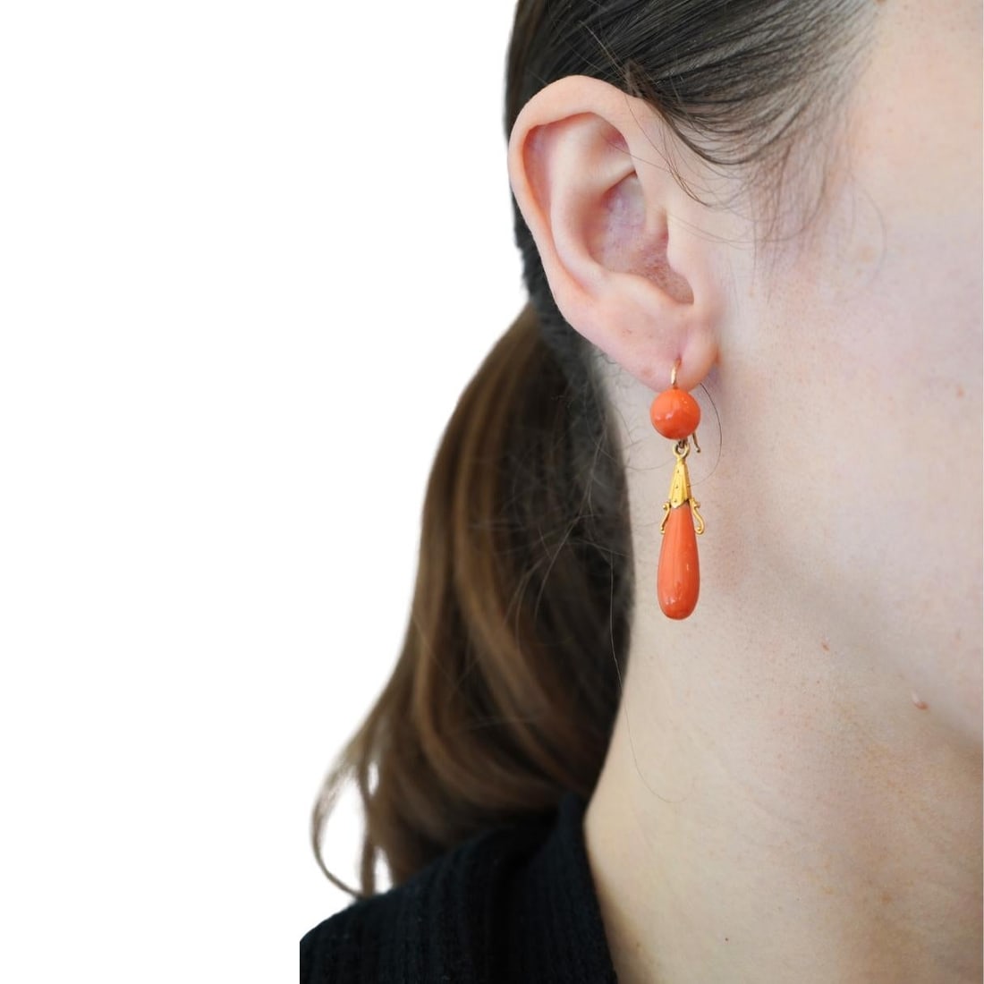 Victorian French 18k Yellow Gold Coral Drop Earrings - 2
